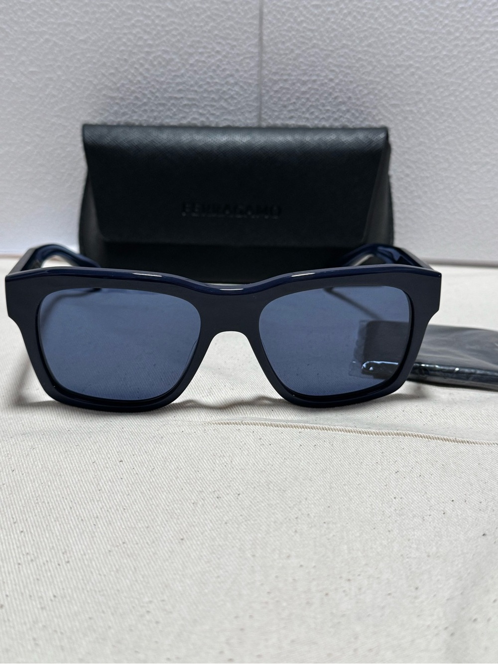 Salvatore Ferragamo Black Frame Sunglasses with Blue Temples
